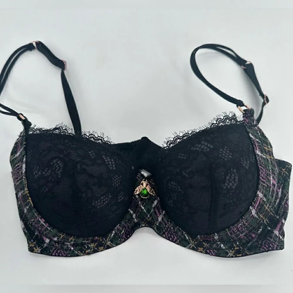 Savage X Fenty Lace Black & Metallic Bras With Green-Gold Bee